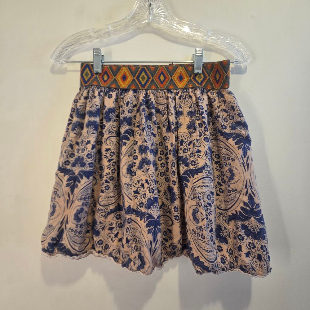 Women's ANGIE Beige Blue Paisley Mini Skirt S Indie Boho Colorful Leightweight